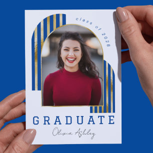 Blue Gold Arch Photo Graduation Party Invitation