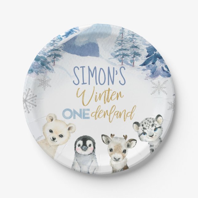 Blue Gold Arctic Winter Onederland Birthday  Paper Plate (Front)
