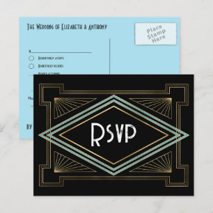 Blue & Gold Art Deco Gatsby-Inspired Wedding Postcard