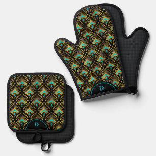 Blue Gold Art Deco Pattern Oven Mitt & Pot Holder Set