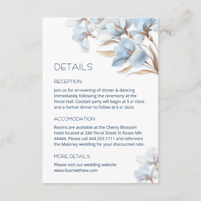 Blue Gold Artistic Flowers Enclosure Card (Front)