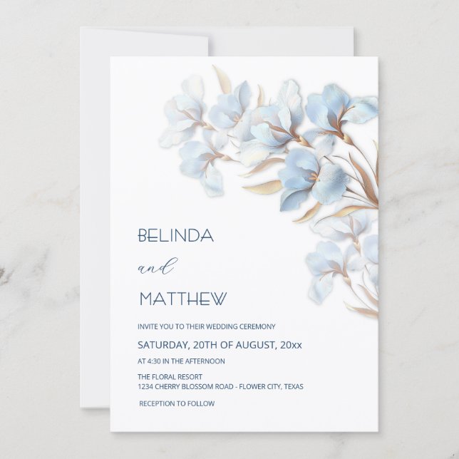 Blue Gold Artistic Flowers  Invitation (Front)