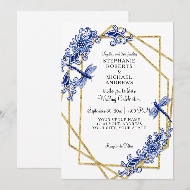 Blue Gold Asian Dragonfly China Floral Watercolor Invitation (Front/Back)