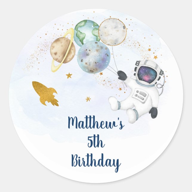 Blue Gold Astronaut Outer Space Birthday Classic Round Sticker (Front)