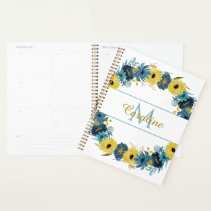 Blue Gold Autumn Floral Wreath Monogram Planner