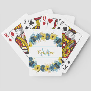 Blue Gold Autumn Floral Wreath Monogram Playing Cards