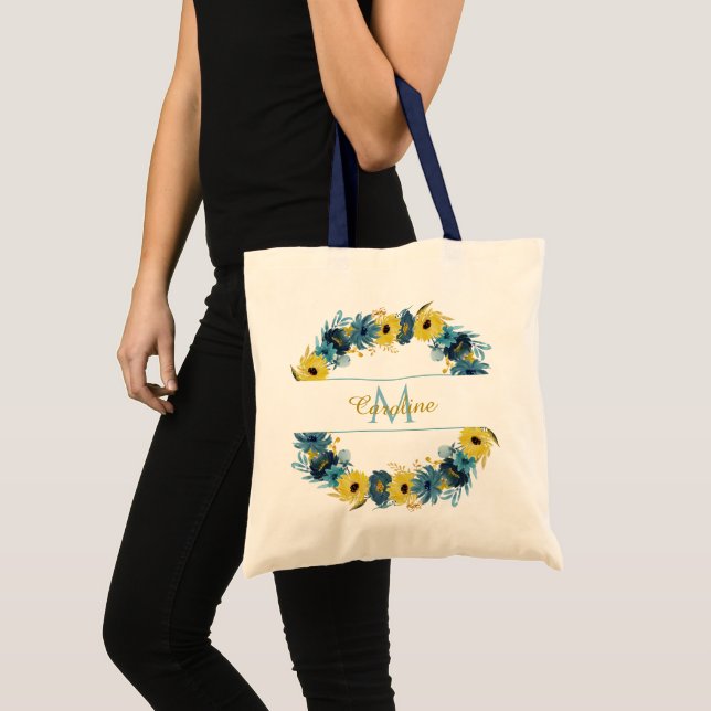 Blue Gold Autumn Flowers Wreath Monogram Tote Bag (Front (Product))