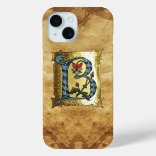 BLUE GOLD B LETTER WITH FLOWERS MONOGRAM iPhone 15 CASE