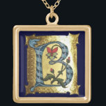 BLUE GOLD B LETTER WITH FLOWERS MONOGRAM GOLD PLATED NECKLACE<br><div class="desc">Mediaeval floral B inital letter on gold background .</div>