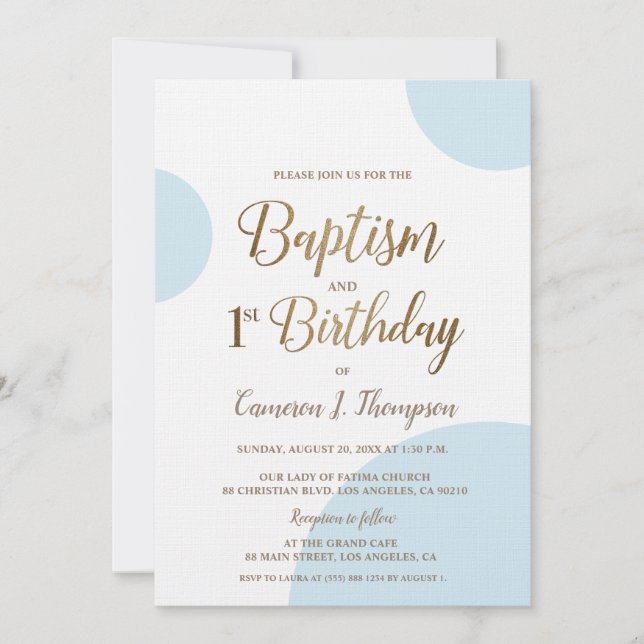 Blue Gold Baby Boy Baptism 1st Birthday Invitation (Front)