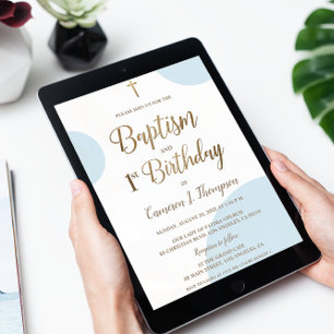Blue Gold Baby Boy Baptism 1st Birthday Invitation
