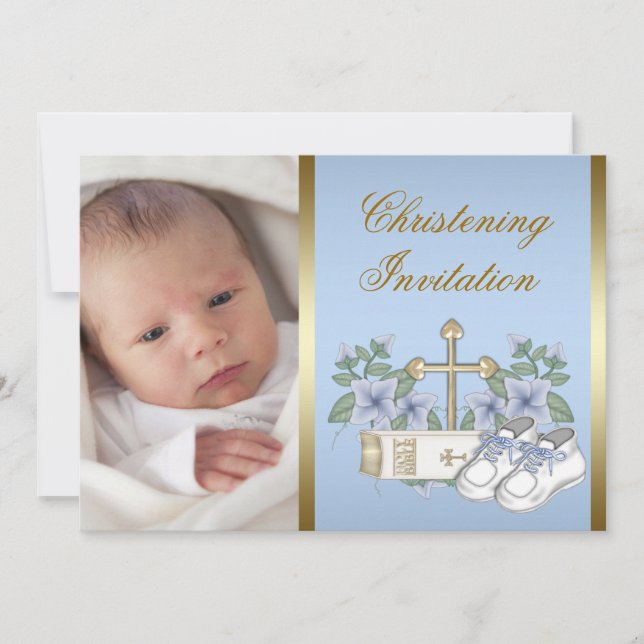 Blue Gold Baby Boy Photo Christening Invitations (Front)