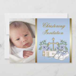 Blue Gold Baby Boy Photo Christening Invitations