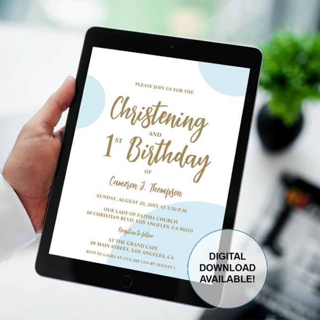 Blue Gold Baby Christening and 1st Birthday joint Invitation (Christening and 1st birthday party invitation digital download option.)