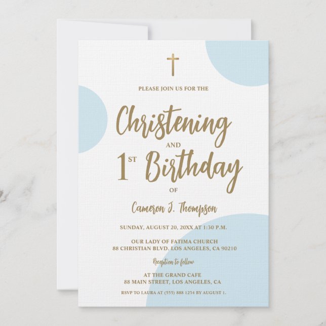 Blue Gold Baby Christening and 1st Birthday joint Invitation (Front)
