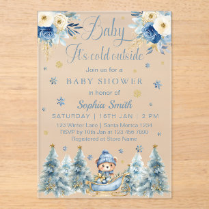 Blue Gold Baby It's Cold Outside Baby Shower Acrylic Invitations