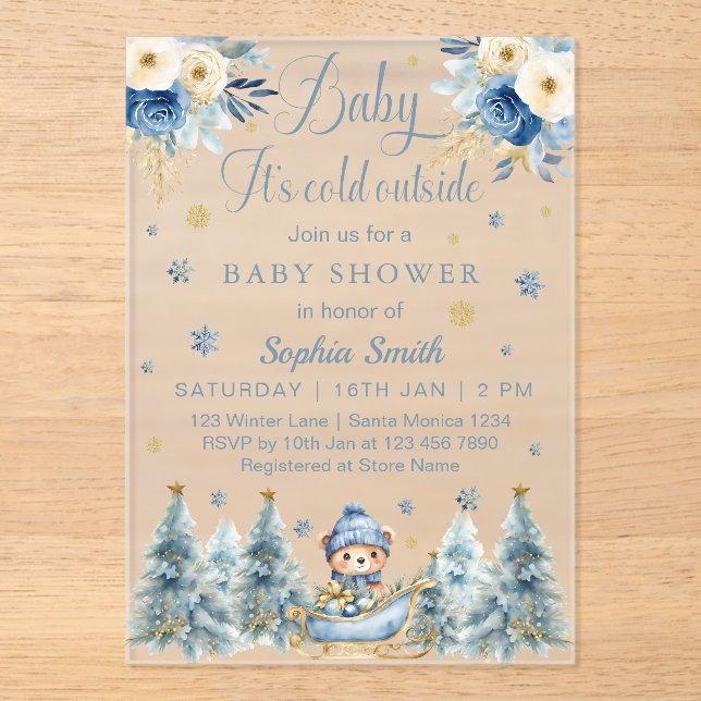 Blue Gold Baby It's Cold Outside Baby Shower Acrylic Invitations (Front)