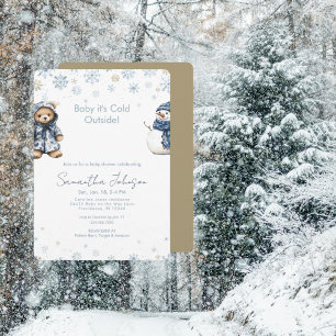 Blue & Gold Baby It's Cold Outside Snowy Baby Invitation