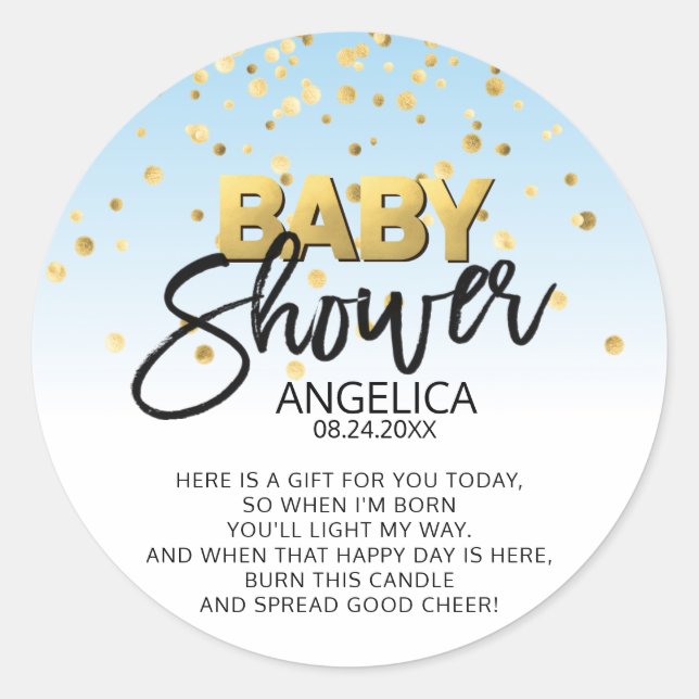 Blue Gold Baby Shower Candle Votive Favour Labels (Front)