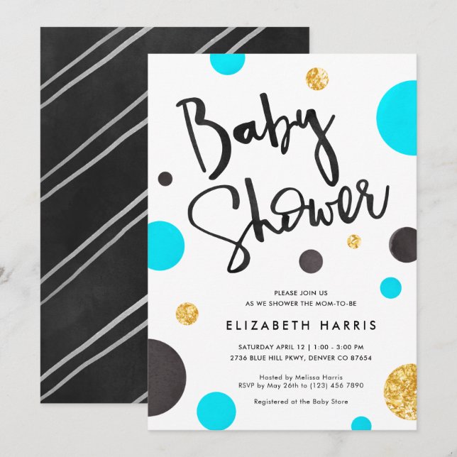 Blue & Gold Baby Shower Invitations - Polka Dots (Front/Back)
