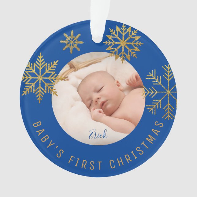 Blue Gold Babys First Christmas Gift Ornament (Front)