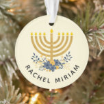 Blue & Gold Baby's First Hanukkah | Dated Keepsake Ornament<br><div class="desc">This keepsake design features baby's name and a watercolor menorah with a flower bouquet on the front side and the year and "First Hanukkah" on the reverse side. If you prefer a different background colour,  choose the customise option.</div>