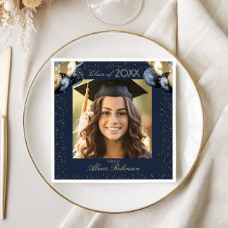 Blue Gold Balloon Glitter Graduation Party Photo Napkin