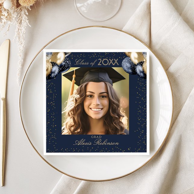 Blue Gold Balloon Glitter Graduation Party Photo Napkin (Creator Uploaded)