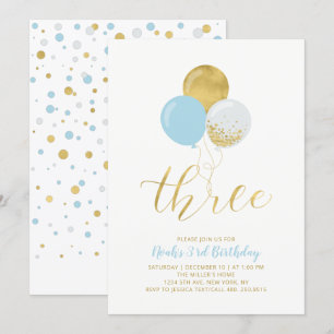 Blue & Gold Balloons Three 3rd Birthday Party Invitation