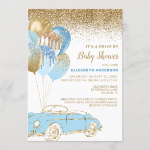 Blue Gold Balloons Virtual Drive by Baby Shower Invitation
