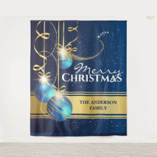 Blue gold balls Santa sleigh reindeer xmas wishes Tapestry