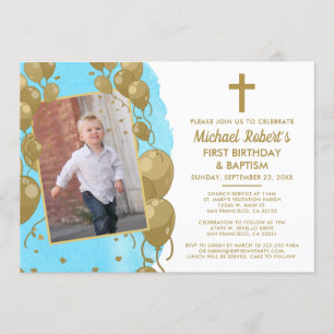 Blue Gold Baptism 1st Birthday Text Photo Invitation