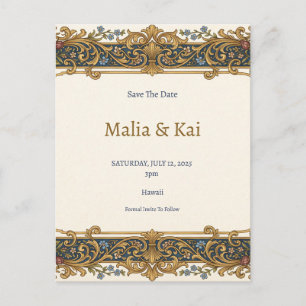 Blue Gold Baroque Save the Date Announcement Postcard