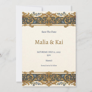 Blue Gold Baroque Save the Date Card