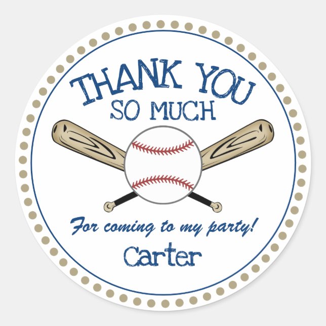 Blue|Gold Baseball Theme Thank You Classic Round Sticker (Front)