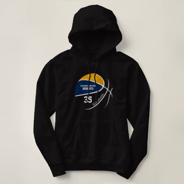 blue gold basketball team personalised black hoodie (Design Front)
