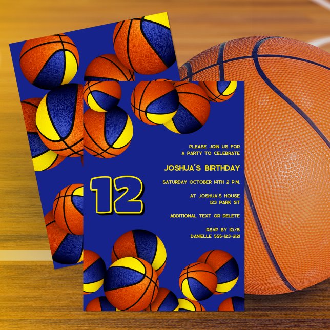 blue gold basketballs kids sports birthday invitation (front and back)