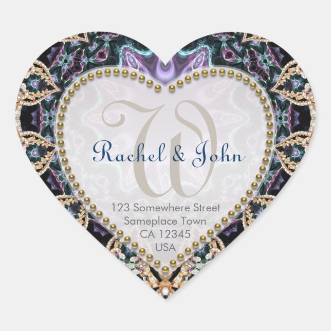 Blue Gold Batik Love Monogram Wedding Stickers (Front)