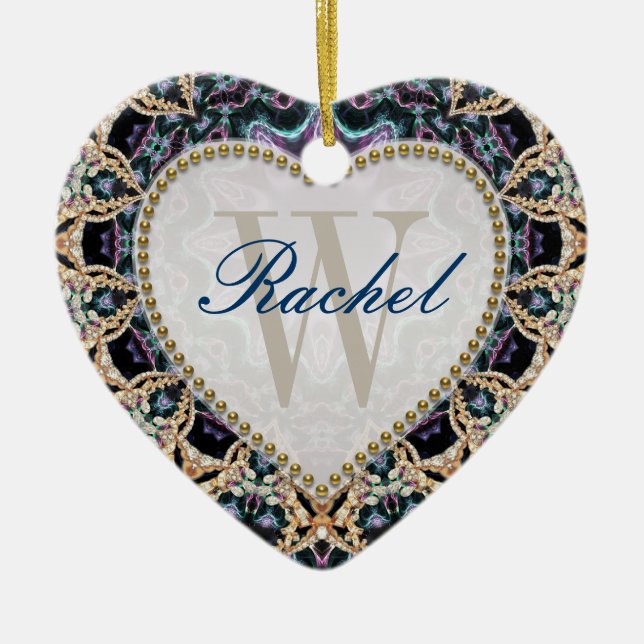 Blue Gold Batik Monogram Love Heart Ornament (Front)