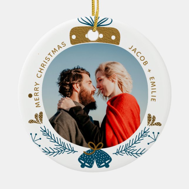 Blue & Gold | Bauble Merry Christmas Custom Photo Ceramic Tree Decoration (Front)