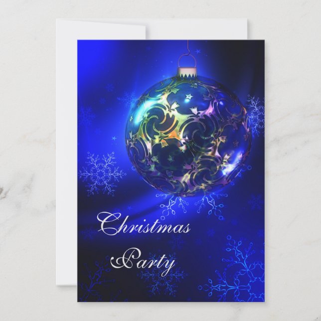 Blue & Gold Bauble & Snowflakes Christmas Party Invitation (Front)