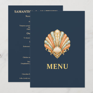Blue Gold Beach Wedding Menu Seashell