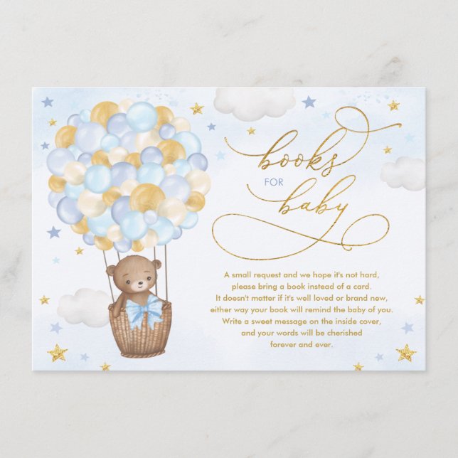 Blue Gold Bear Hot Air Balloon Books for Baby Boy Enclosure Card (Front)