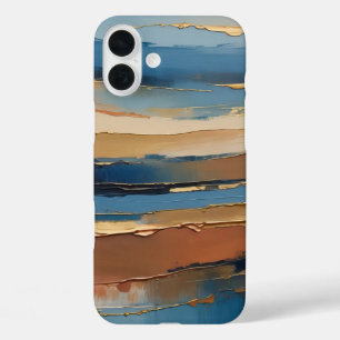 Blue gold beige and bronze textured stripes iPhone 16 plus case