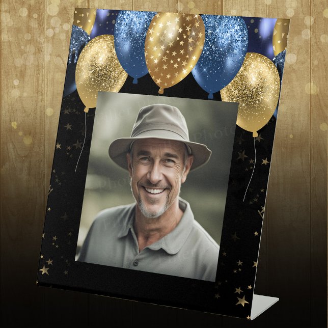 Blue Gold Birthday One Photo Pedestal Sign (Creator Uploaded)