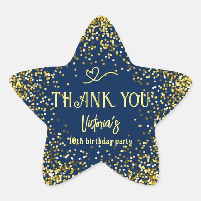 Blue Gold Birthday Party Thank You Star Sticker (Front)