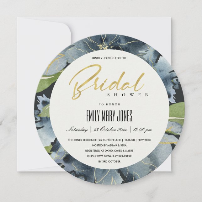 BLUE GOLD BLACK FLORAL WATERCOLOR BRIDAL SHOWER INVITATION (Front)