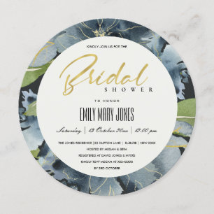 BLUE GOLD BLACK FLORAL WATERCOLOR BRIDAL SHOWER INVITATION