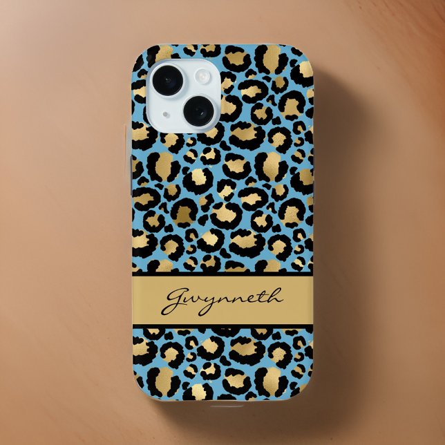 Blue Gold Black Leopard Print with Your Name Case-Mate iPhone Case (Creator Uploaded)