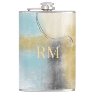 Blue Gold Black Lines Modern Original Art Hip Flask